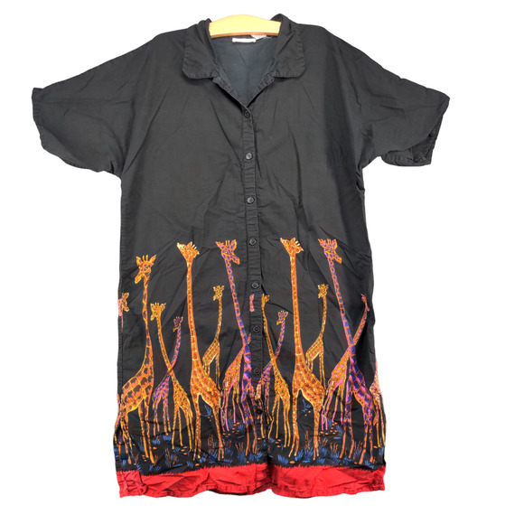 Fundamentals Womens Button Up Shirt Dress Black OSFM Giraffes Animals - Picture 1 of 11